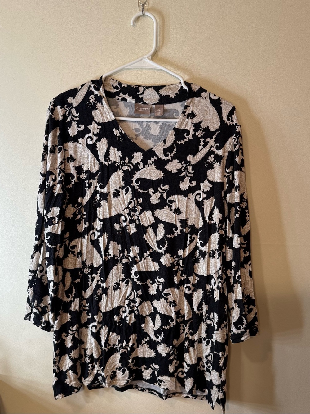 Chico's Black and Cream Paisley V-Neck Tunic